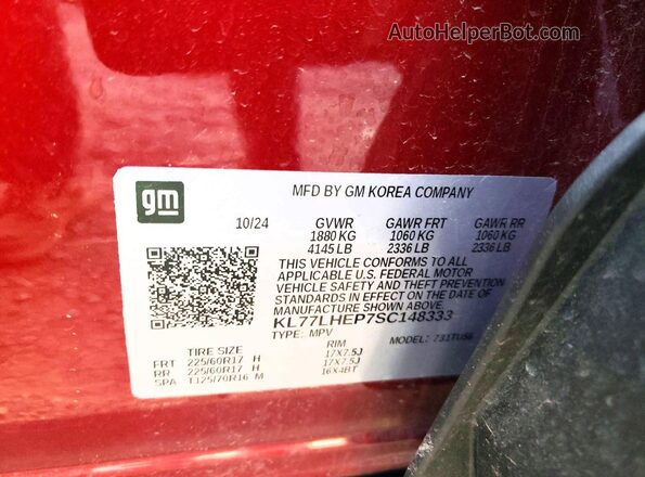 KL77LHEP7SC148333 2025 CHEVROLET TRAX Red VIN კოდის სტიკერის ხედი