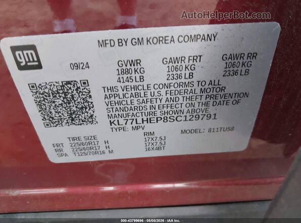 KL77LHEP8SC129791 2025 CHEVROLET TRAX Maroon 