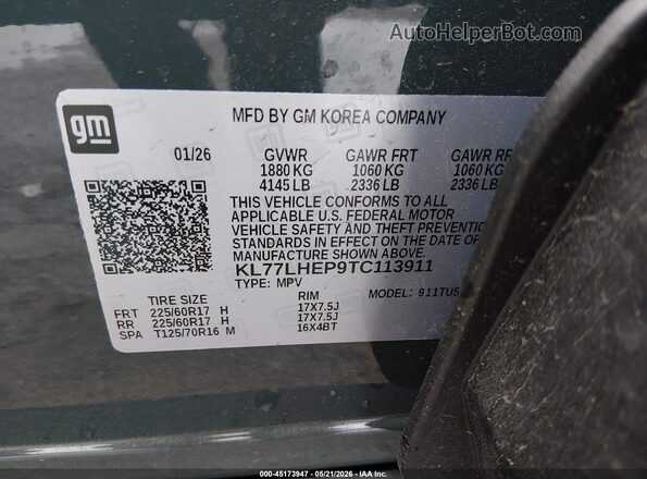 KL77LHEP9TC113911 2026 CHEVROLET TRAX Blue Vista del compartimento del motor