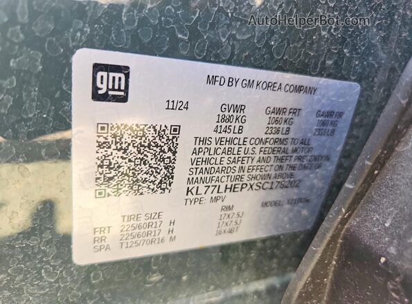 KL77LHEPXSC178202 2025 CHEVROLET TRAX Charcoal VIN sticker view