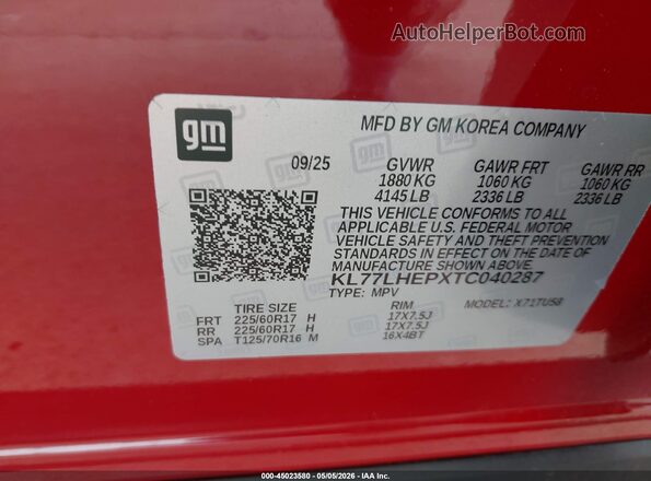 KL77LHEPXTC040287 2026 CHEVROLET TRAX Красный Вид подкапотного пространства