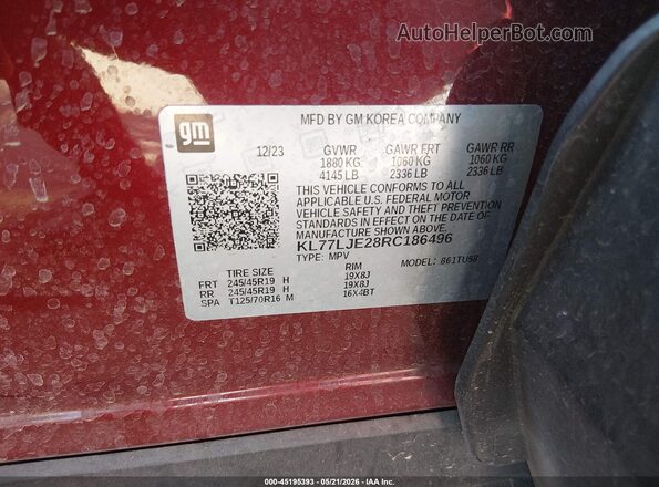KL77LJE28RC186496 2024 CHEVROLET TRAX Maroon Vista del compartimento del motor