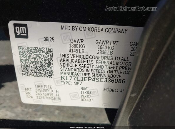 KL77LJEP4SC336086 2025 CHEVROLET TRAX Black 