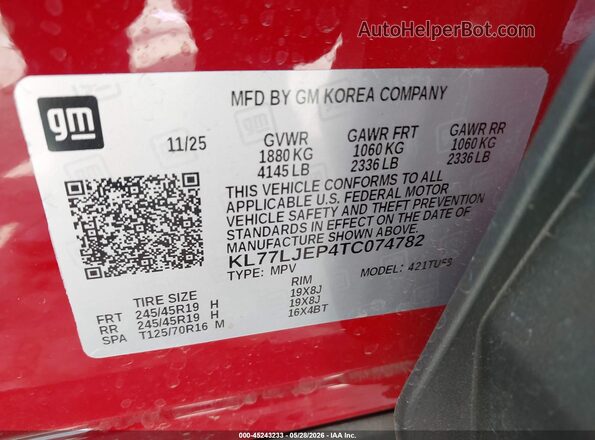 KL77LJEP4TC074782 2026 CHEVROLET TRAX Red ძრავის განყოფილების ხედი