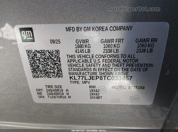 KL77LJEP8TC033457 2026 CHEVROLET TRAX Gray Widok komory silnika