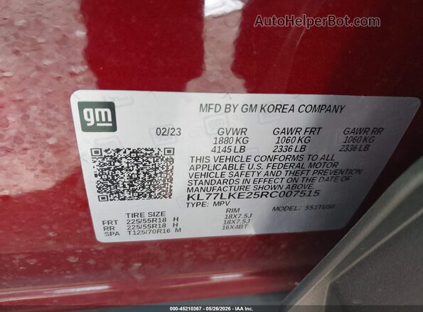 KL77LKE25RC007515 2024 CHEVROLET TRAX Red 