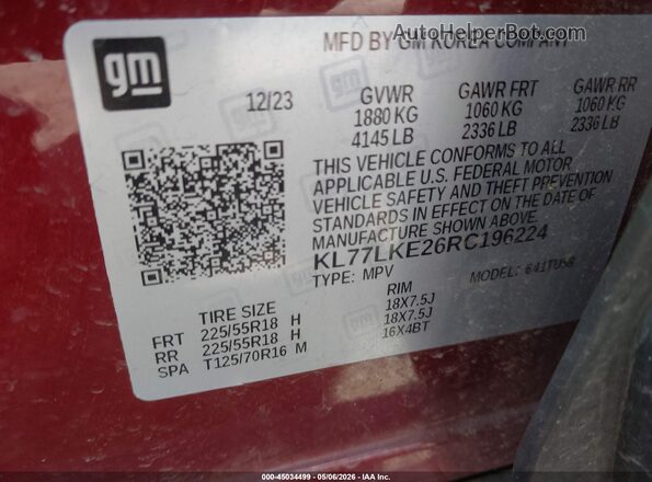 KL77LKE26RC196224 2024 CHEVROLET TRAX Burgundy Вид підкапотного простору