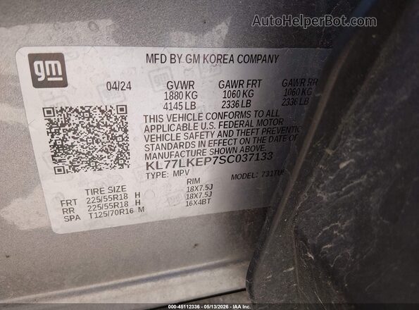 KL77LKEP7SC037133 2025 CHEVROLET TRAX Серебряный Вид подкапотного пространства