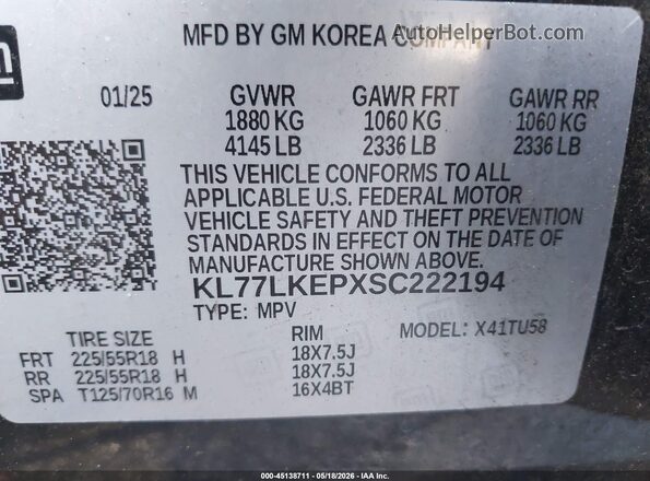 KL77LKEPXSC222194 2025 CHEVROLET TRAX Black Vista del compartimento del motor