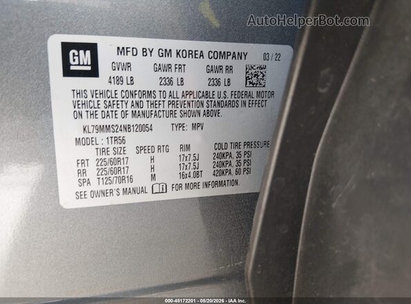 KL79MMS24NB120054 2022 CHEVROLET TRAILBLAZER Gray 