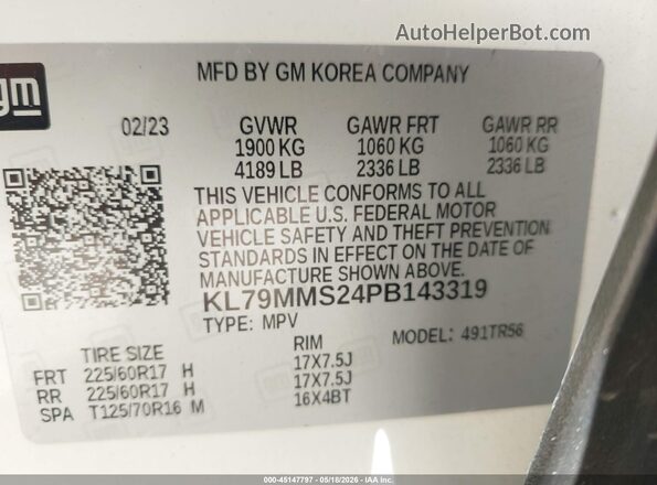 KL79MMS24PB143319 2023 CHEVROLET TRAILBLAZER White 