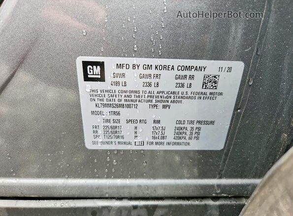 KL79MMS26MB100712 2021 CHEVROLET TRAILBLAZER Серый Панорамный вид салона 360°
