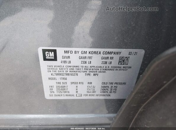 KL79MMS27MB165276 2021 CHEVROLET TRAILBLAZER Gray Engine compartment view