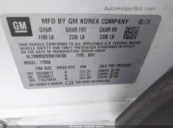 KL79MMS2XMB168186 2021 CHEVROLET TRAILBLAZER Белый 