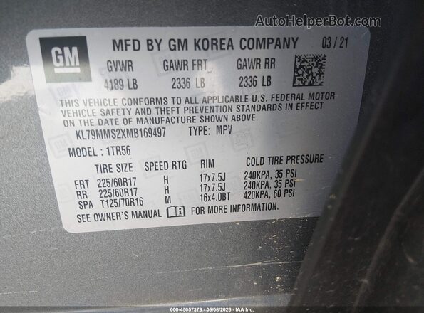 KL79MMS2XMB169497 2021 CHEVROLET TRAILBLAZER Gray Շարժիչի բաժամունքի տեսք