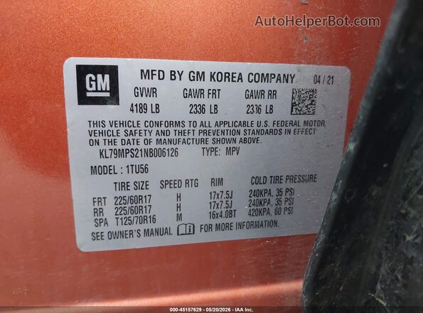 KL79MPS21NB006126 2022 CHEVROLET TRAILBLAZER Orange Вид підкапотного простору
