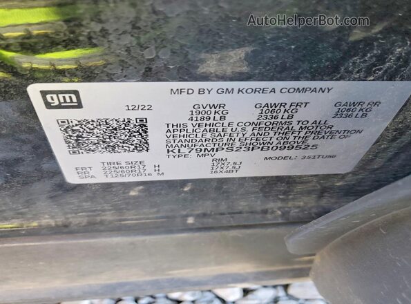 KL79MPS23PB099525 2023 CHEVROLET TRAILBLAZER Черный Вид наклейки с VIN-кодом