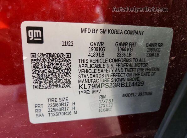 KL79MPS23RB114429 2024 CHEVROLET TRAILBLAZER Красный Вид наклейки с VIN-кодом