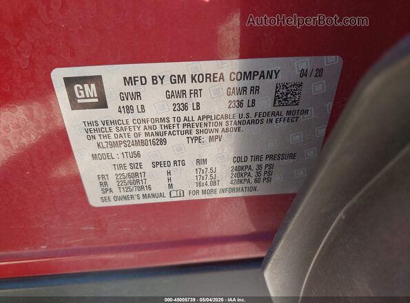 KL79MPS24MB016289 2021 CHEVROLET TRAILBLAZER Red Engine compartment view