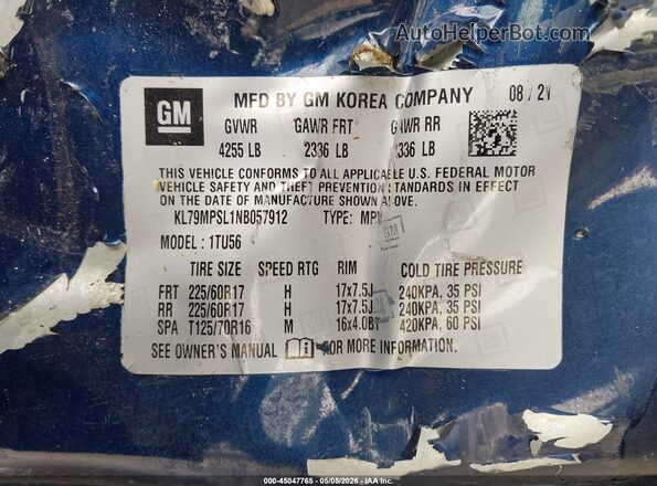 KL79MPSL1NB057912 2022 CHEVROLET TRAILBLAZER Blue Вид підкапотного простору