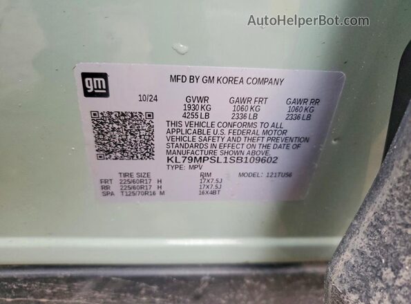 KL79MPSL1SB109602 2025 CHEVROLET TRAILBLAZER Green VIN კოდის სტიკერის ხედი