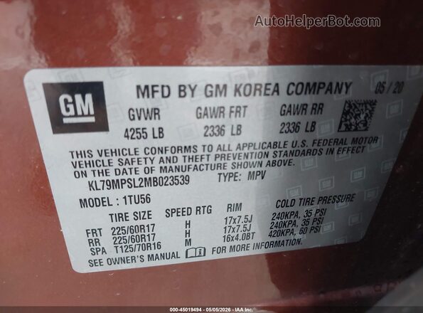 KL79MPSL2MB023539 2021 CHEVROLET TRAILBLAZER Orange Vista del compartimento del motor