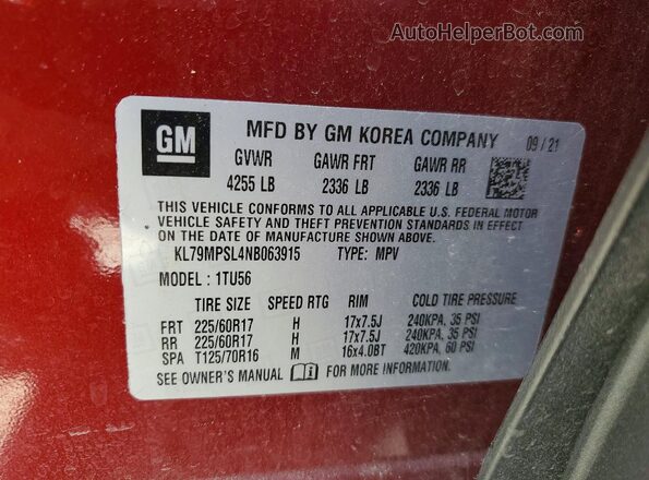 KL79MPSL4NB063915 2022 CHEVROLET TRAILBLAZER Burgundy 