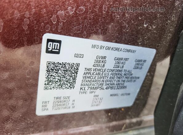KL79MPSL4PB132895 2023 CHEVROLET TRAILBLAZER Burgundy VIN կոդի պիտակի տեսք