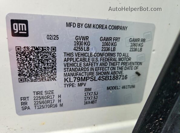 KL79MPSL4SB188716 2025 CHEVROLET TRAILBLAZER White Widok naklejki z numerem VIN