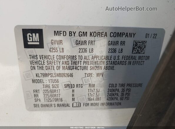 KL79MPSL5NB092646 2022 CHEVROLET TRAILBLAZER White Вид підкапотного простору