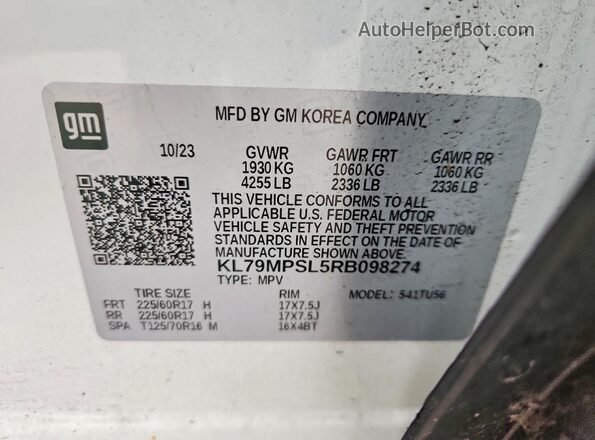KL79MPSL5RB098274 2024 CHEVROLET TRAILBLAZER White VIN კოდის სტიკერის ხედი
