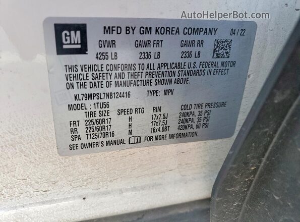 KL79MPSL7NB124416 2022 CHEVROLET TRAILBLAZER White 
