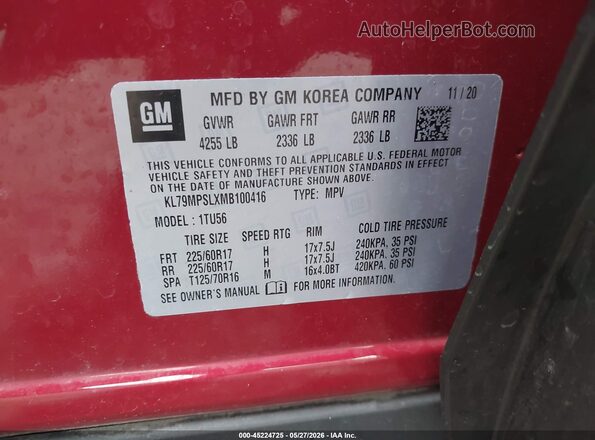 KL79MPSLXMB100416 2021 CHEVROLET TRAILBLAZER Red Շարժիչի բաժամունքի տեսք