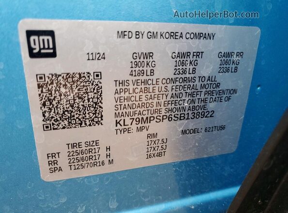 KL79MPSP6SB138922 2025 CHEVROLET TRAILBLAZER Blue VIN կոդի պիտակի տեսք