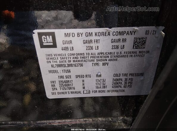 KL79MRSL3MB163756 2021 CHEVROLET TRAILBLAZER Black Engine compartment view