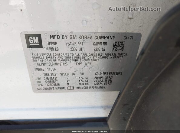 KL79MRSL6MB167123 2021 CHEVROLET TRAILBLAZER White 