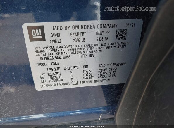 KL79MRSL9NB040495 2022 CHEVROLET TRAILBLAZER Blue 