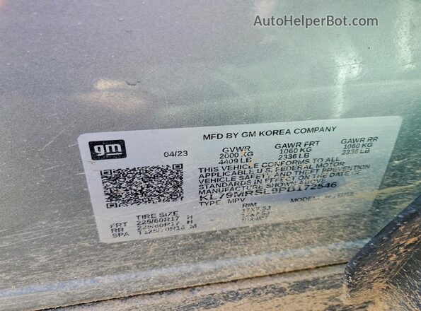 KL79MRSL9PB172546 2023 CHEVROLET TRAILBLAZER Silver VIN sticker view