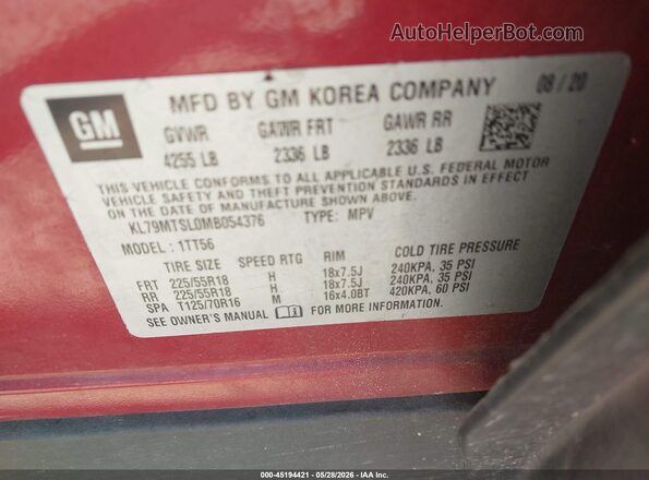 KL79MTSL0MB054376 2021 CHEVROLET TRAILBLAZER Red Вид підкапотного простору