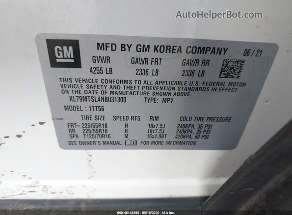 KL79MTSL4NB031300 2022 CHEVROLET TRAILBLAZER White 