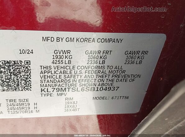 KL79MTSL6SB104937 2025 CHEVROLET TRAILBLAZER Red Շարժիչի բաժամունքի տեսք