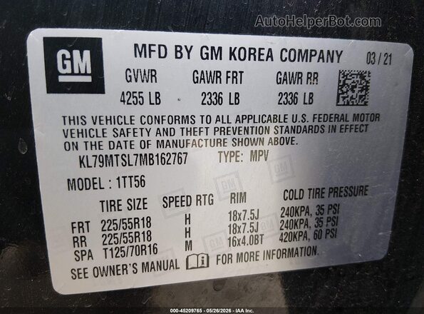KL79MTSL7MB162767 2021 CHEVROLET TRAILBLAZER Black ძრავის განყოფილების ხედი