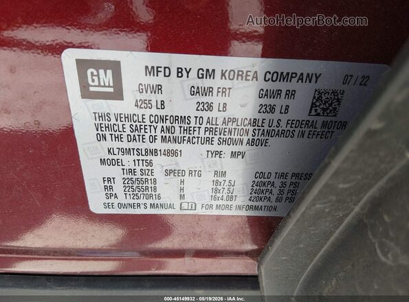 KL79MTSL8NB148961 2022 CHEVROLET TRAILBLAZER Red 