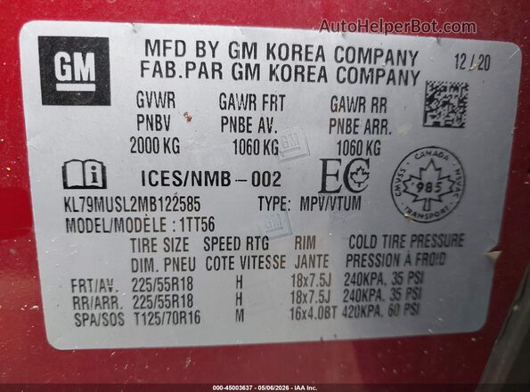 KL79MUSL2MB122585 2021 CHEVROLET TRAILBLAZER Red 