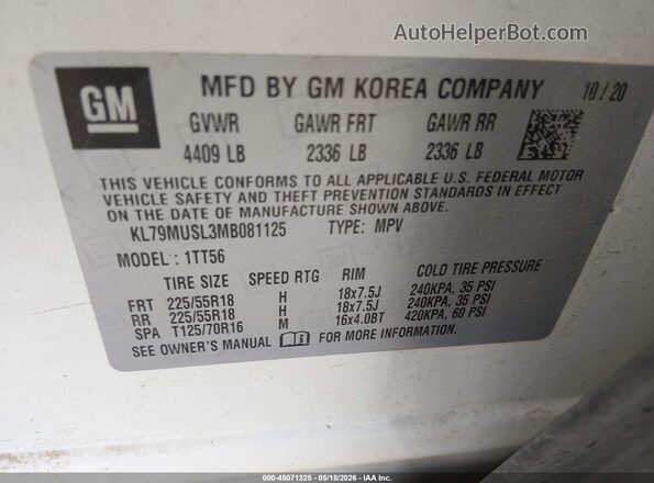 KL79MUSL3MB081125 2021 CHEVROLET TRAILBLAZER White Շարժիչի բաժամունքի տեսք