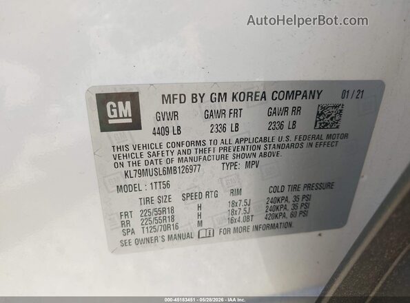 KL79MUSL6MB126977 2021 CHEVROLET TRAILBLAZER White Вид підкапотного простору