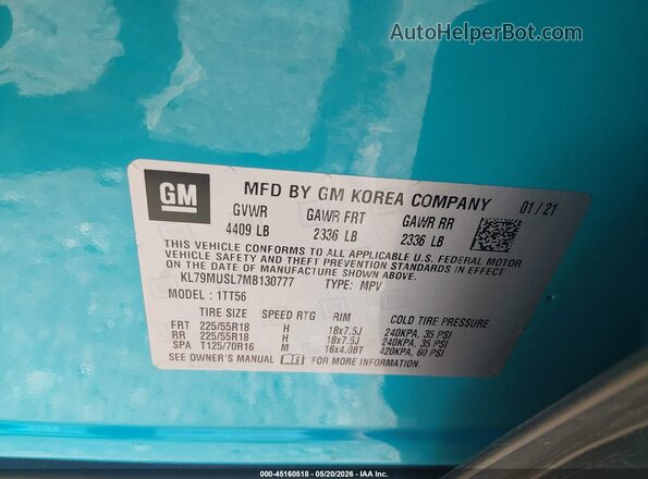 KL79MUSL7MB130777 2021 CHEVROLET TRAILBLAZER Blue Vista del compartimento del motor