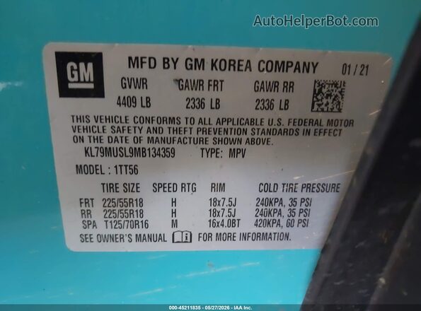 KL79MUSL9MB134359 2021 CHEVROLET TRAILBLAZER Turquoise 