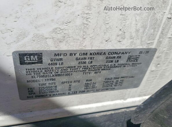 KL79MUSLXMB023951 2021 CHEVROLET TRAILBLAZER White VIN sticker view