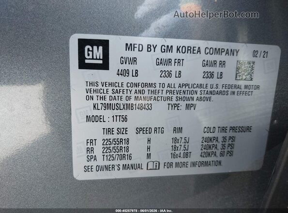 KL79MUSLXMB148433 2021 CHEVROLET TRAILBLAZER Gray Вид підкапотного простору